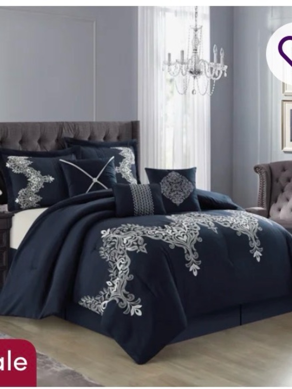 Navy/silver Queen comforter set. Includes 3 pillows , 2 shams , & bedskirt .